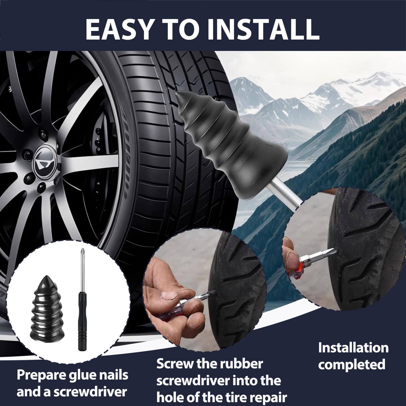 50 Pieces Car Puncture Repair Kit, Rubber Nails for Vacuum Tires with Screwdriver, Tyre Repair for Car, Motorcycle, Bicycle, Truck (25S + 25L) — view 3