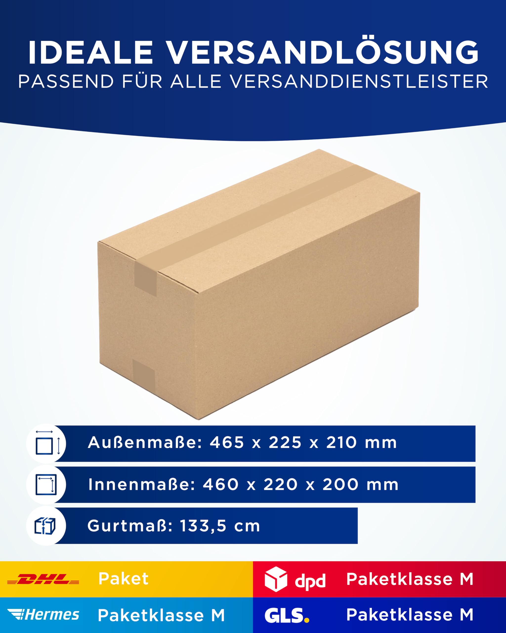 KK Verpackungen Versandkartons 460 x 220 x 200 mm Braun 1-wellig (Außenmaß 465 x 225 x 210 mm) | 100 Stück, Faltkartons Kartons geeignet für Versand als DHL Paket DPD Hermes GLS Paketklasse M (KK32)