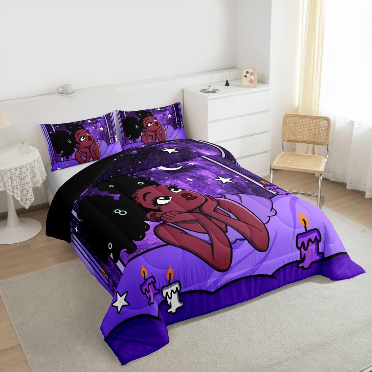Black African Girls Comforter Set Queen Size,Africa and American Girly Bedding Sets 3Pcs Kids Girls Boys Women Room Decor,Cartoon Anime Theme Quilted Duvet Moonlit Night Down Comforter,2 Pillowcases