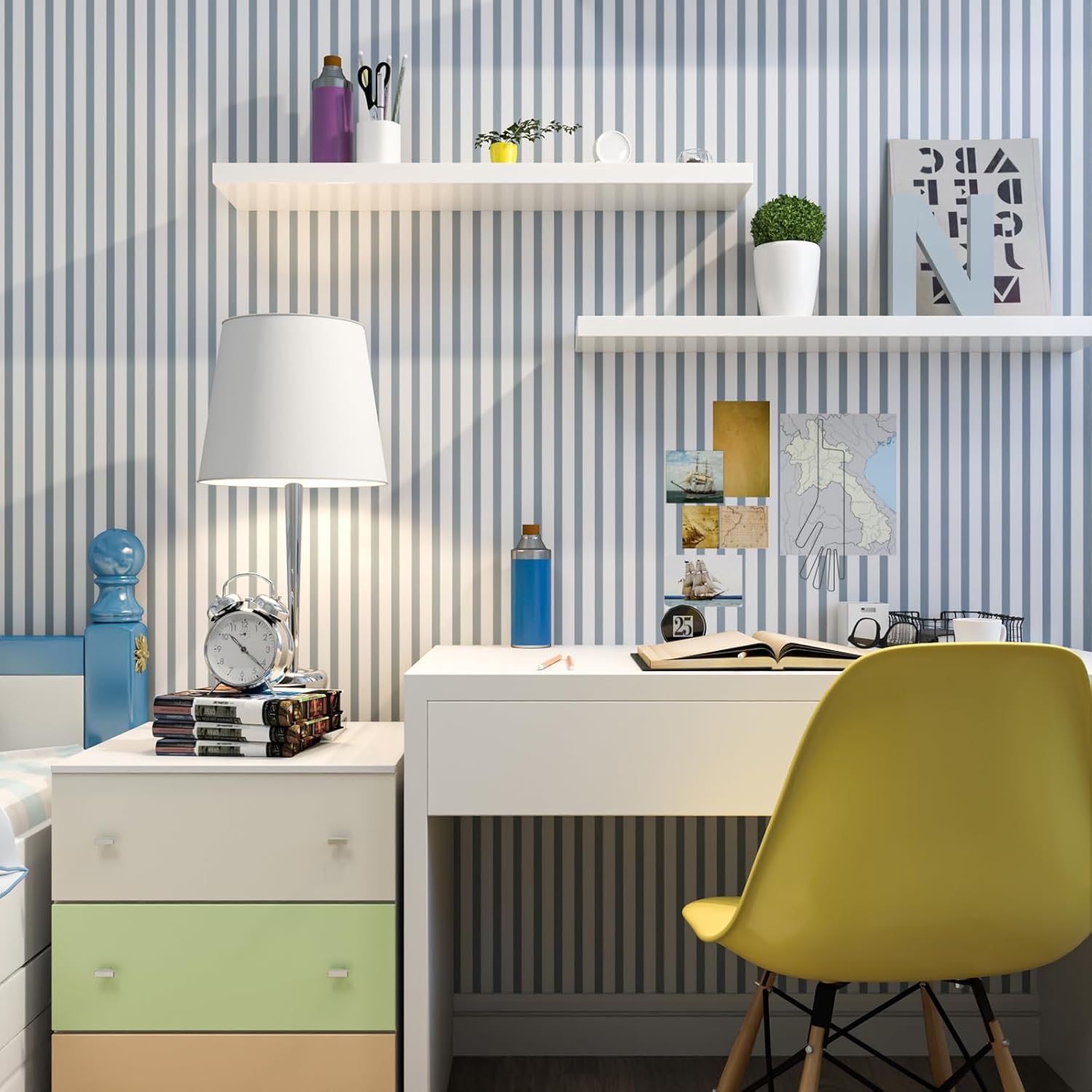 Cohoo Home Striped Peel and Stick Wallpaper Boho Contact Paper for Cabinets Grey and White Stripe Contact Paper Line Modern Wallpaper for Bedroom Self-Adhesive Removable Boy Room Shelf 17.3inW 393inL