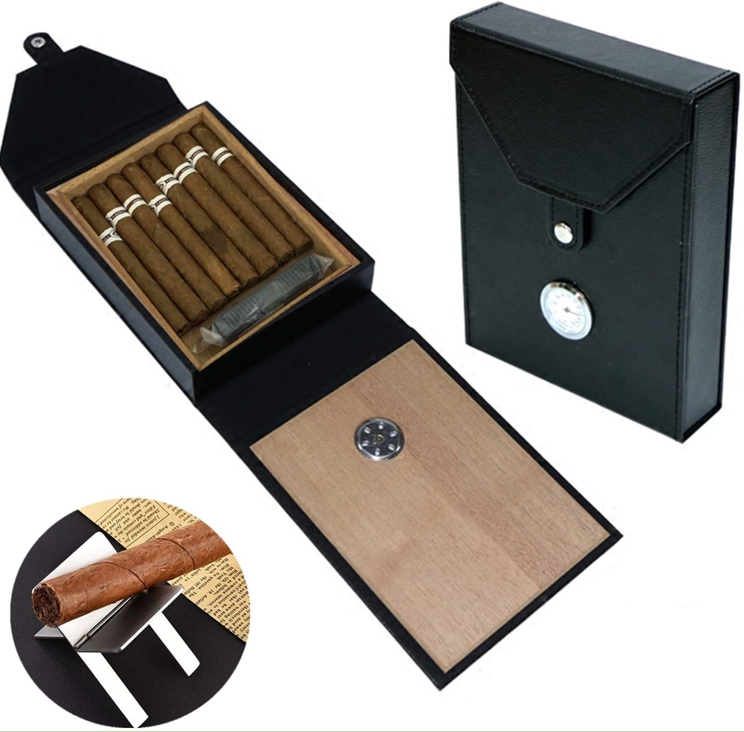 COMMODA Portable Leather Cedar Cigar Travel Case Cedar Wood Lined Humidor Hygrometer Cigar Stand as Value-Added Gift Beautiful