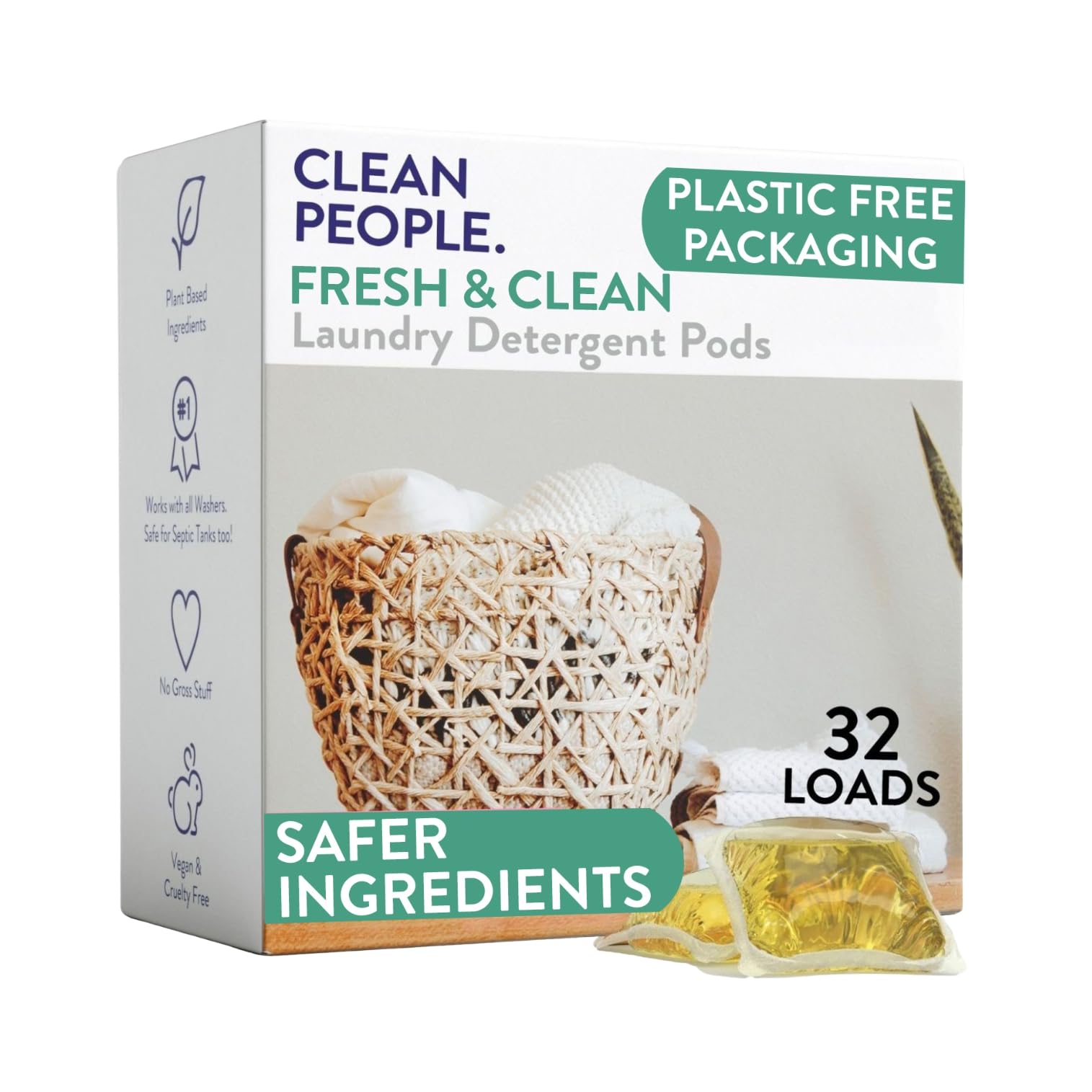 Clean People Laundry Washing Capsules - Recyclable Packaging, Hypoallergenic, Stain Fighting - Ultra Concentrated, Laundry Soap - Fresh Scent, 32 Pack