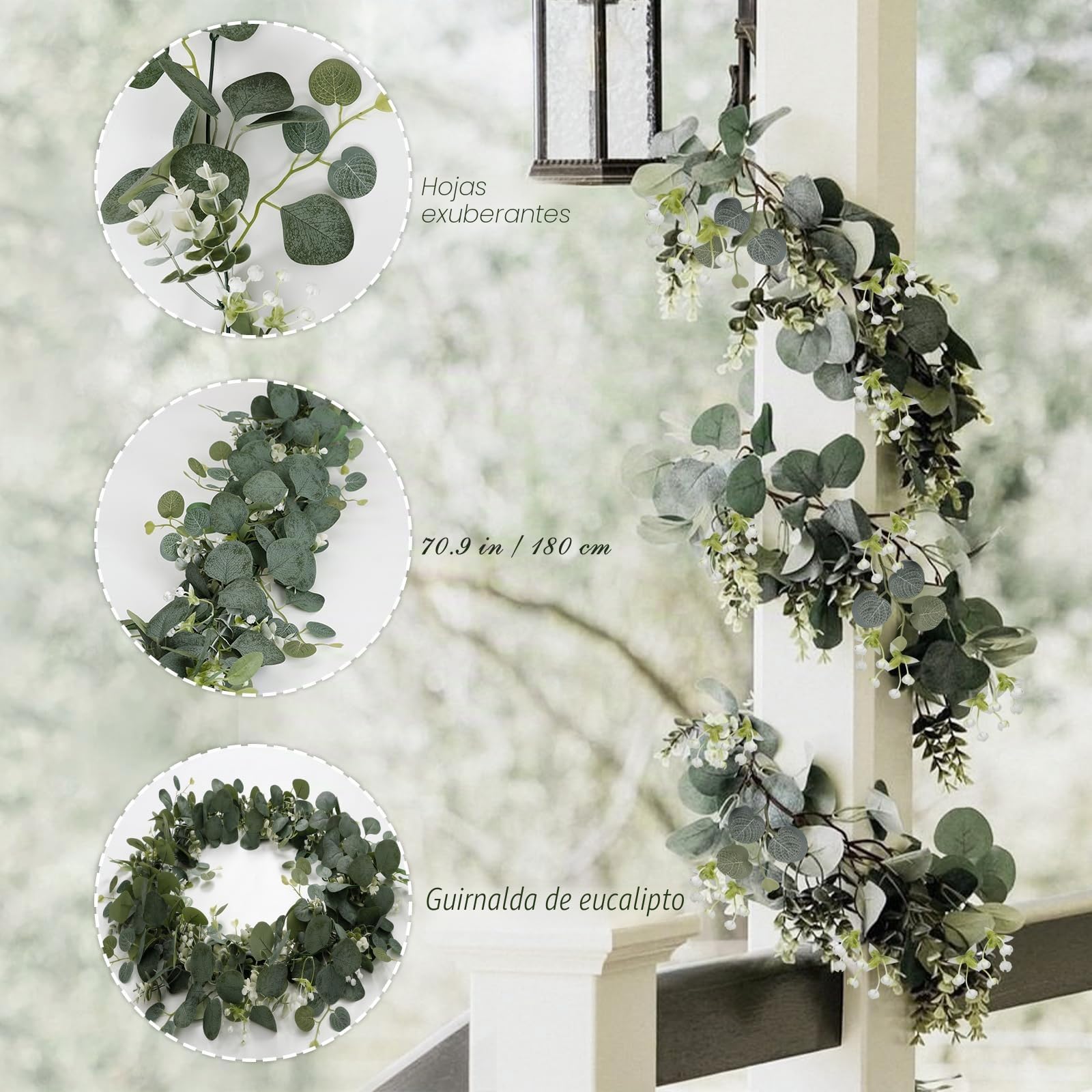 2pcs Guirnaldas Artificiales de Eucalipto con Hojas de Sauce Hojas Verdes Guirnalda de Flores Blancas Planta Artificial para Decoración de Fondo Boda Camino de Mesa Central