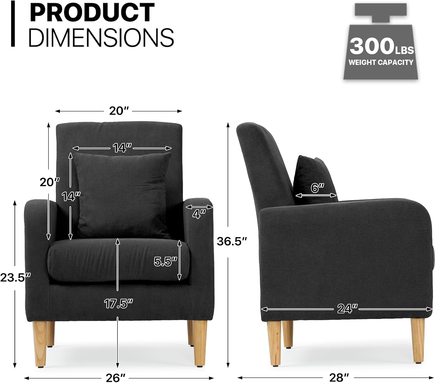 Armchair Modern Accent Chair Upholstered Sofa Chair with High Back Linen Lounge Living Room Chair Single Reading Seat with Pillow Thick Seat Cushion for Bedroom Comfortable Stylish Furniture,Black