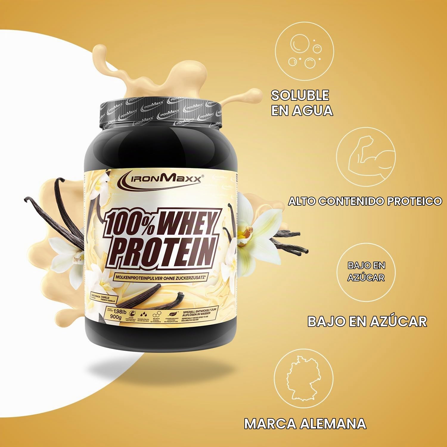 IronMaxx 100% Whey Protein 900 g - Proteína de Suero en Polvo Sabor Vainilla Francesa | Con BCAA | Fácil Disolución | Batido de Proteínas para Fitness y Gimnasio