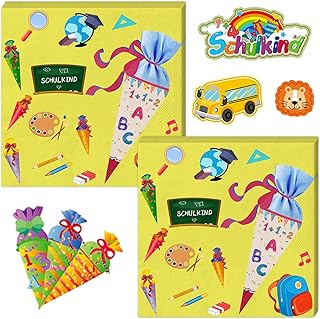 Juego de 40 servilletas decorativas para comienzo del colegio, color amarillo (3 capas) + 6 hojas de pegatinas para el comienzo del colegio, bolsas de azúcar ABC 123, juego para niñas y niños