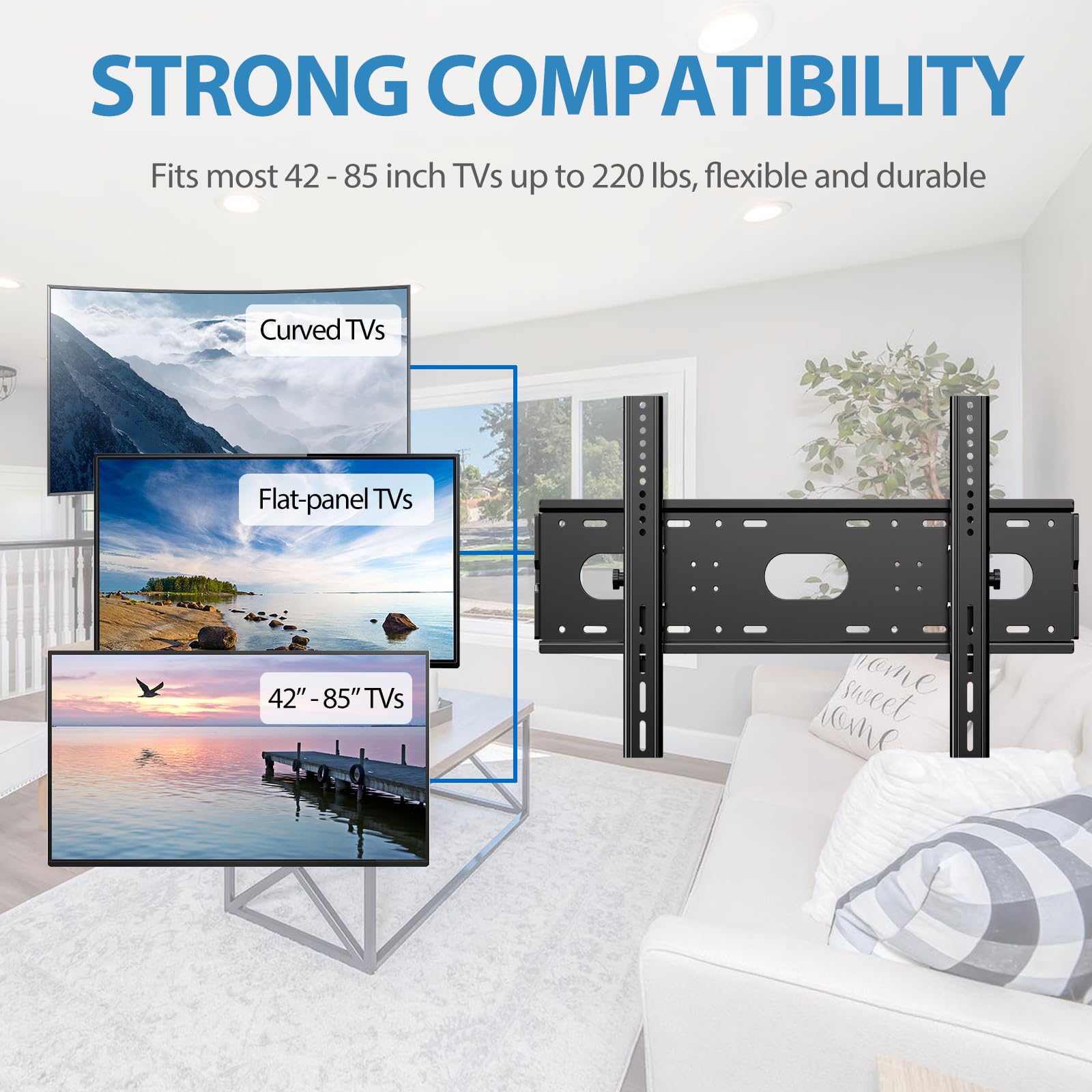 Staffa da parete per TV per la maggior parte dei televisori LCD LED da 42-85 pollici piatti e curvi fino a 85 kg, staffa inclinabile a basso profilo, supporto da parete per televisore