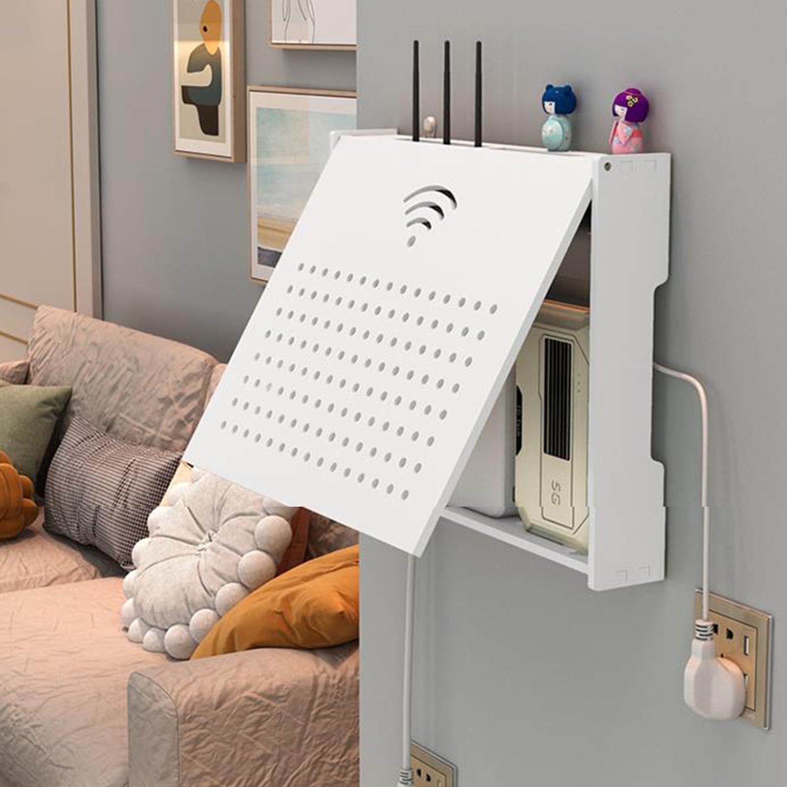 Router Schrank, Router Verstecken, Router Regal, WiFi Router Aufbewahrungsbox Wandregale, WiFi Router Box Kabel Organizer(E,45 * 35 * 6cm)