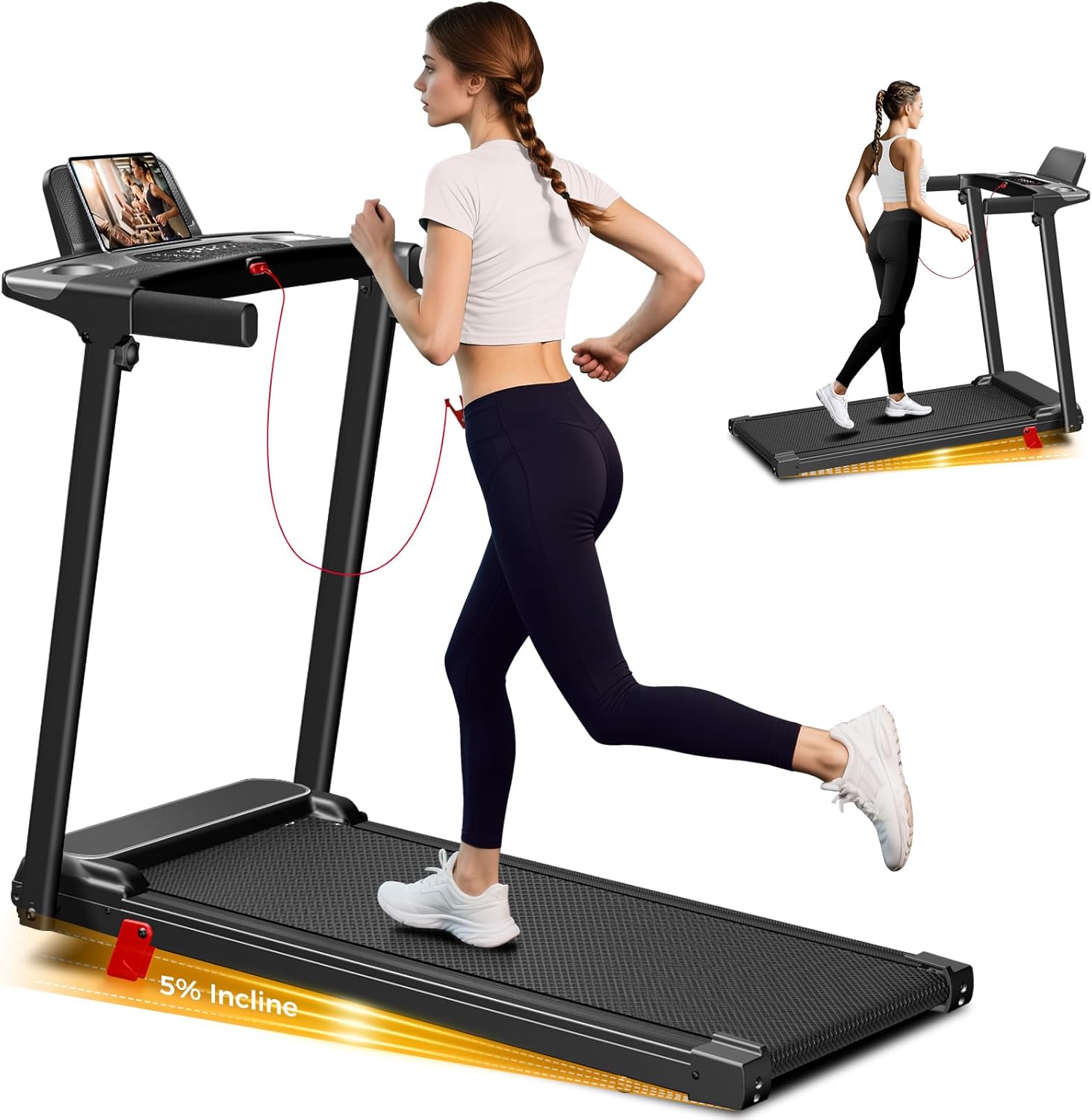 Portable Treadmill with Incline, 3.0HP Walking Pad with Handle Bar, 3-in-1 Foldable Electric Treadmill for Home Office Small Space with Quiet Brushless, 300 LBS Capacity