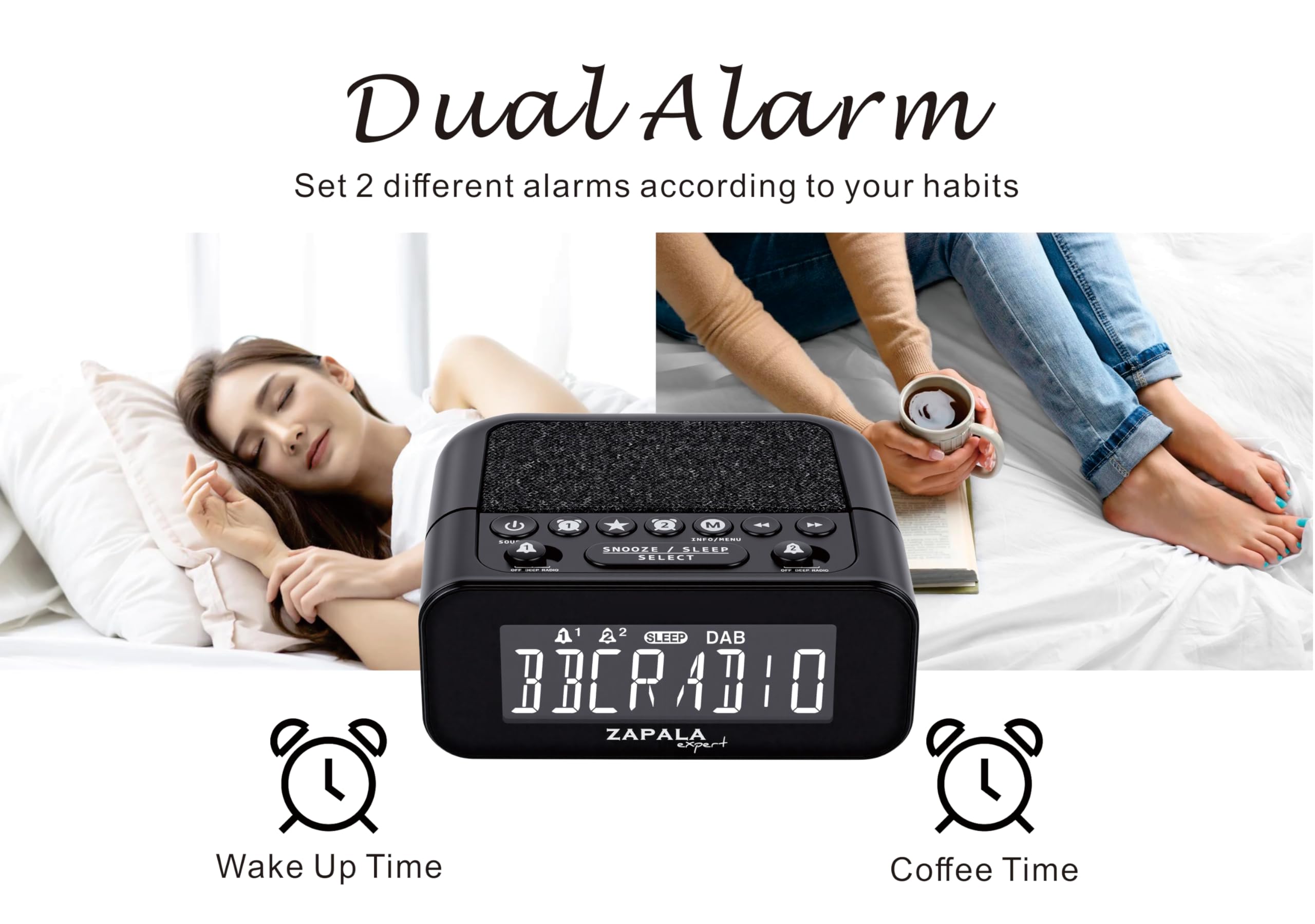 Radiosveglia DAB+ e FM, con 2 allarmi, ampio display LCD, Plug in Digital DAB+ e radio FM con porta di ricarica USB, volume e dimmer regolabili, snooze per bambini che dormono