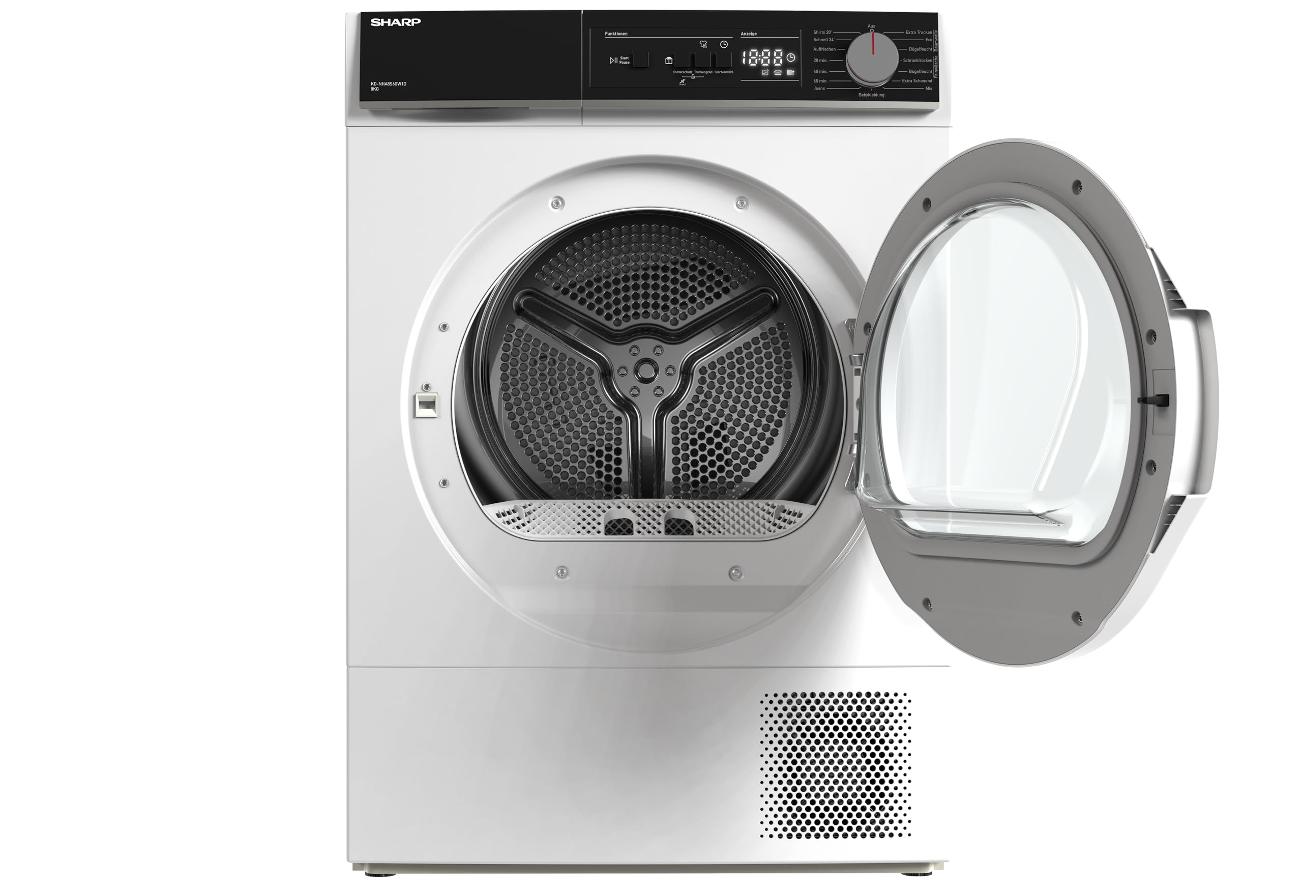 SHARP KD-NHA8S6GW1D-DE Wärmepumpentrockner (8 kg, EEK D), (15 Trockenprogramme, 20 Min. Kurzprogramm, Edelstahltrommel mit LED-Beleuchtung), Weiß