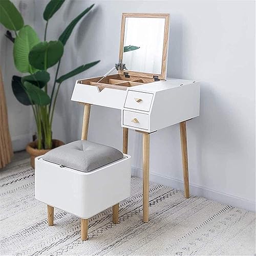 Miniatura 3 de ACIYD Muebles de dormitorio de lujo, juego de mesa de tocador, mesa de maquillaje con espejo abatible, madera de goma maciza, banco de tocador para
