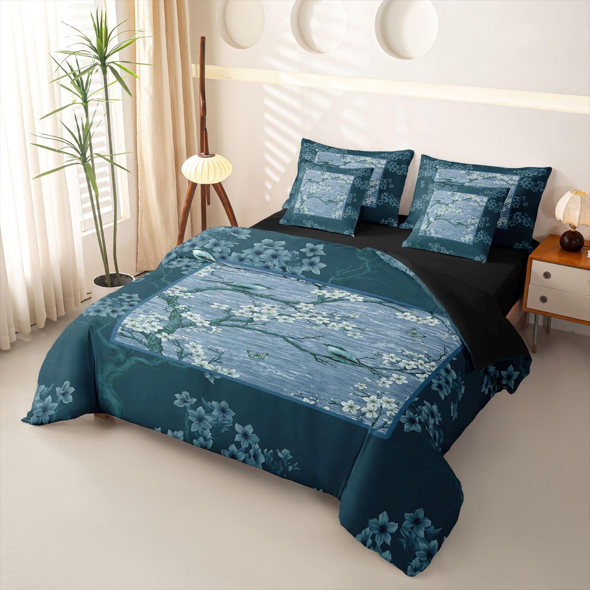 Homewish Blaue Blumen Bettwäsche 155x220 7teilig