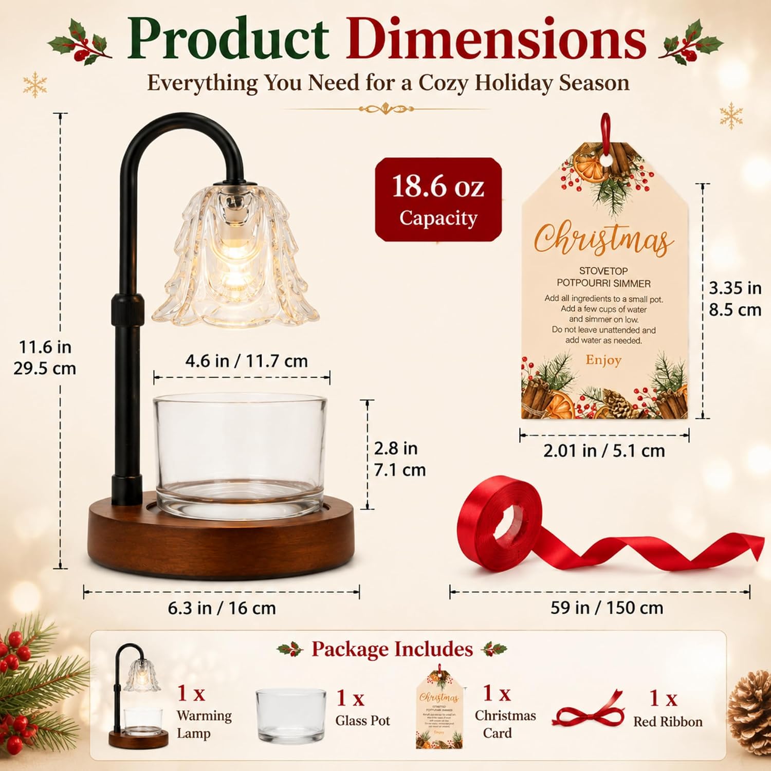 Christmas Simmer Pot Warmer Lamp with Card for Xmas Gift | Winter Holiday Present, Thank You Gifts for Teacher Coworker, Xmas Party Favors, Aromatherapy Warmer Includes Card
