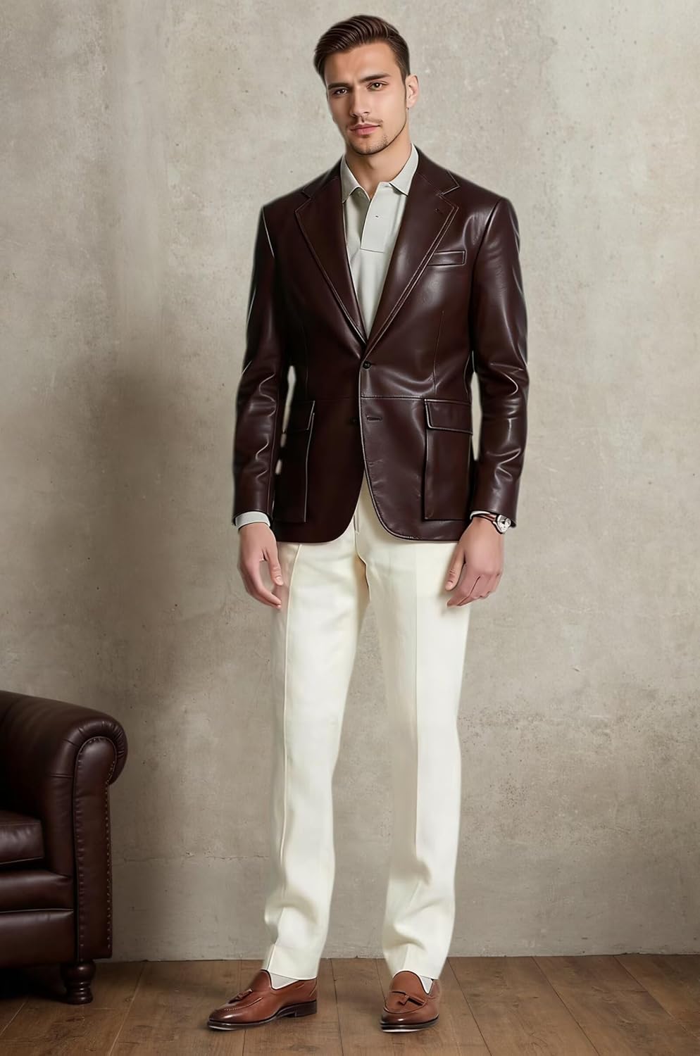 Fashionable Mens Suit Jacket Slim Fit PU Faux Leather Winter Mens Sport Coats and Blazers Wedding Prom