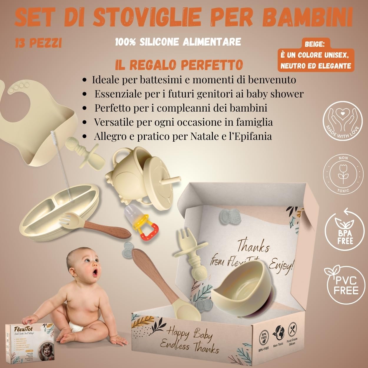 FlexiTot | set pappa svezzamento | piatto svezzamento con ventosa per bambini | bicchiere bambino con cannuccia | ciotola per bambini | posate per bambini | +6 mesi (beige)