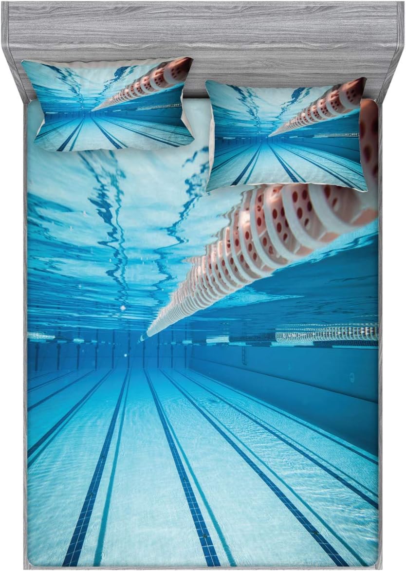 Ambesonne Sports Fitted Sheet & Pillow Sham Set, Swimming Pool Underwater View Relaxing Exercise Hobby Leisure Activity Theme Picture, Decorative Printed 3 Piece Bedding Decor Set, Full, Aqua Blue