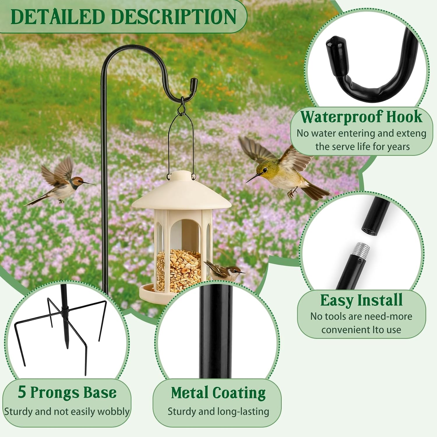 Bird Feeder Pole, 47 INCH Adjustable Iron Shepherds Hook for Outdoor, Heavy Duty Black Hook for Hanging Bird Feeders, Plant Baskets, Lanterns, and Wedding Decor