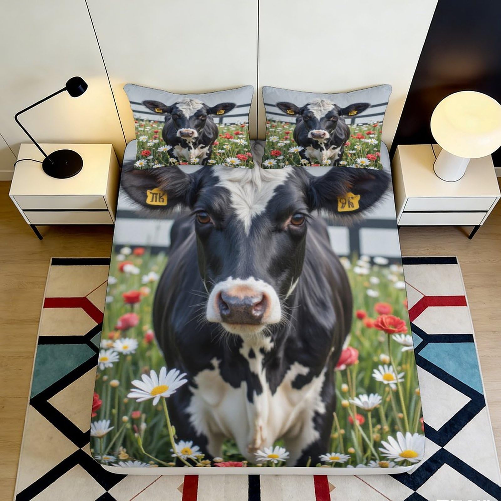 3D Printed Pastoral Cow Fitted Sheet Microfiber Deep Pocket Non-Slip Floral Mattress Fitted Cover for Bedroom Adults 90x200x25cm
