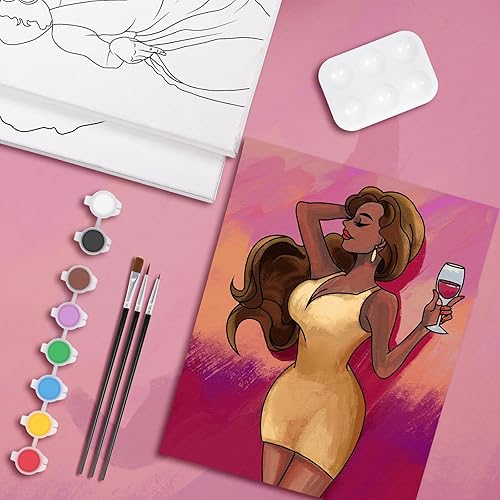Miniatura 6 de Juego de 10 piezas de lienzo preimpreso, lienzo predibujado elegante, sexy, tema de dama, juego de pintura y sorbo para adultos y niños, kit de