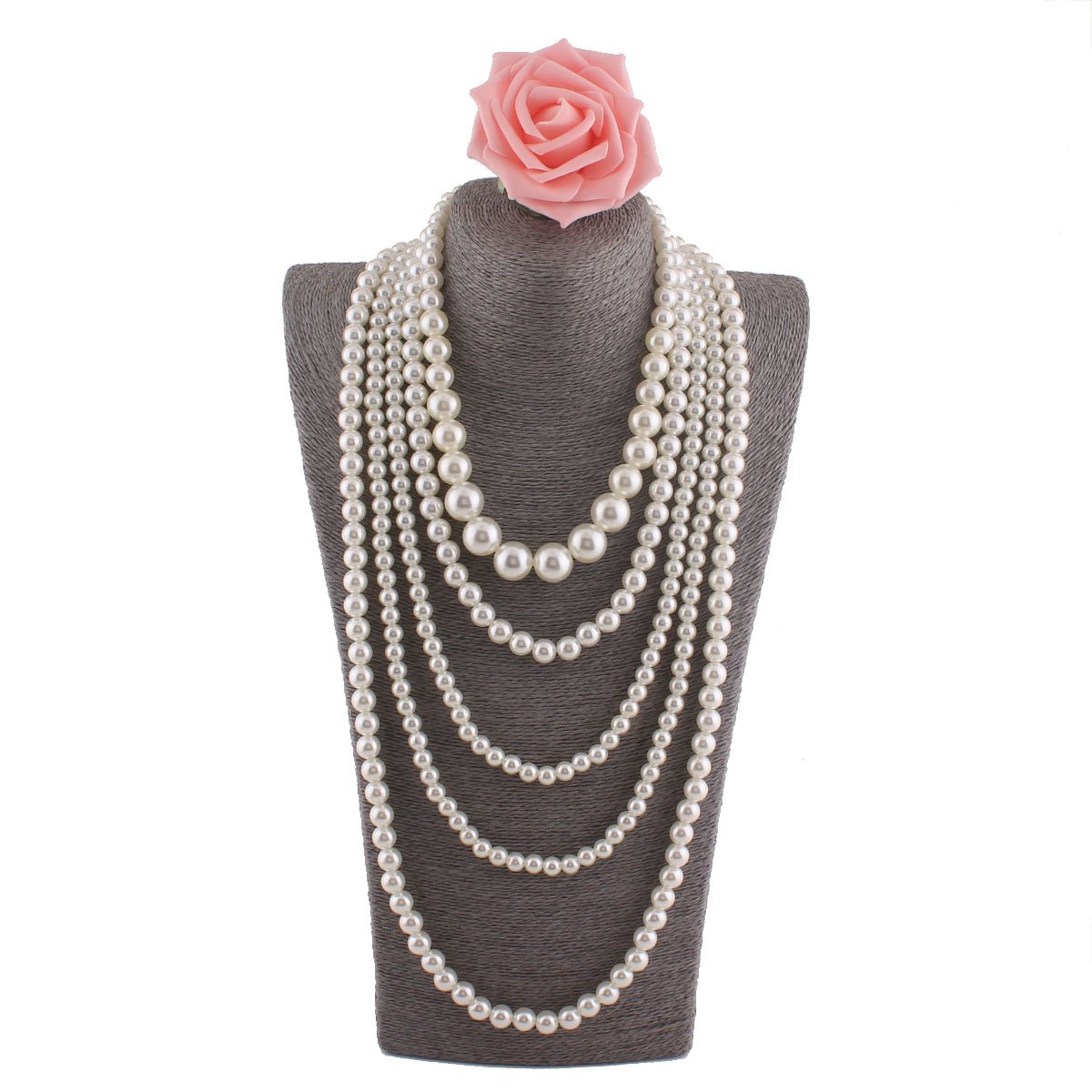 Gargantilla larga, con varias capas de perlas blancas de imitación, Collar con cuentas de perlas 9