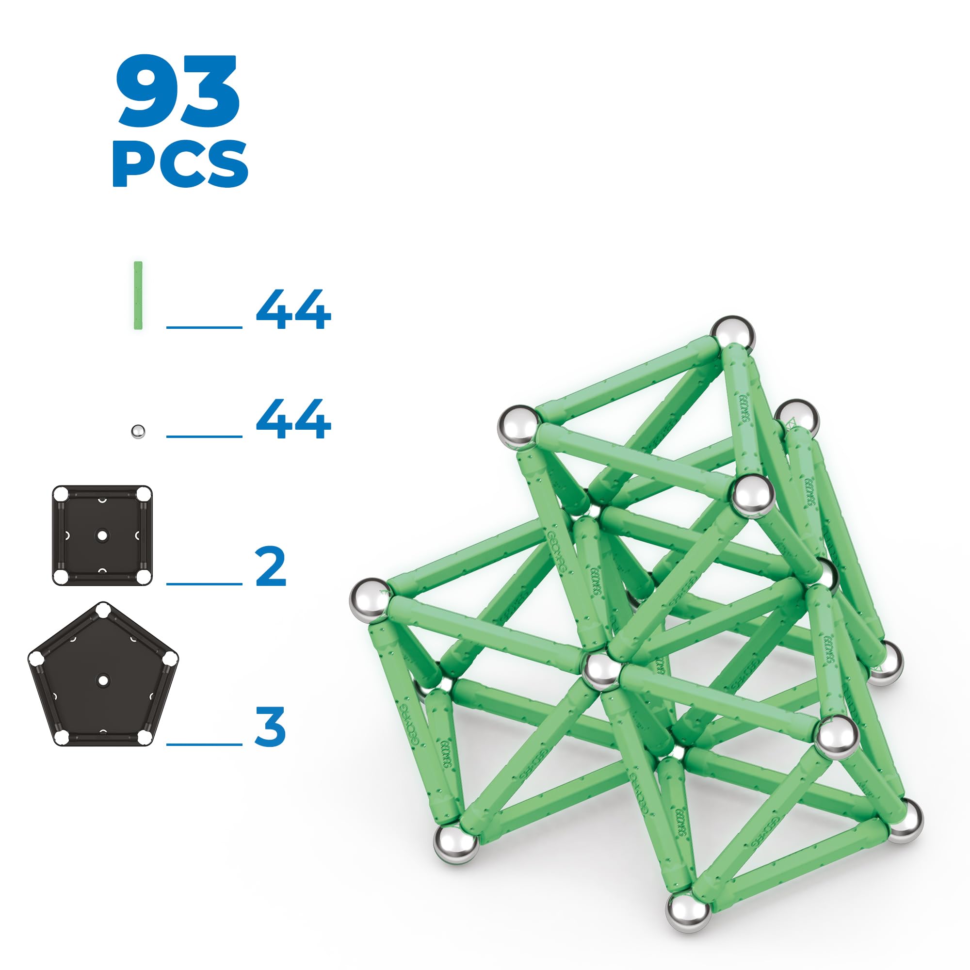GEOMAG - 93 Teile Leuchtende Magnetspiel für Kinder Jugendliche ab 5 Jahre | Glow Recycled, Magnetspielzeug aus Recycling-Kunststoff mit 4 Aufbewahrungsboxen, STEM Lernspielzeug, Geschenk Geburtstag