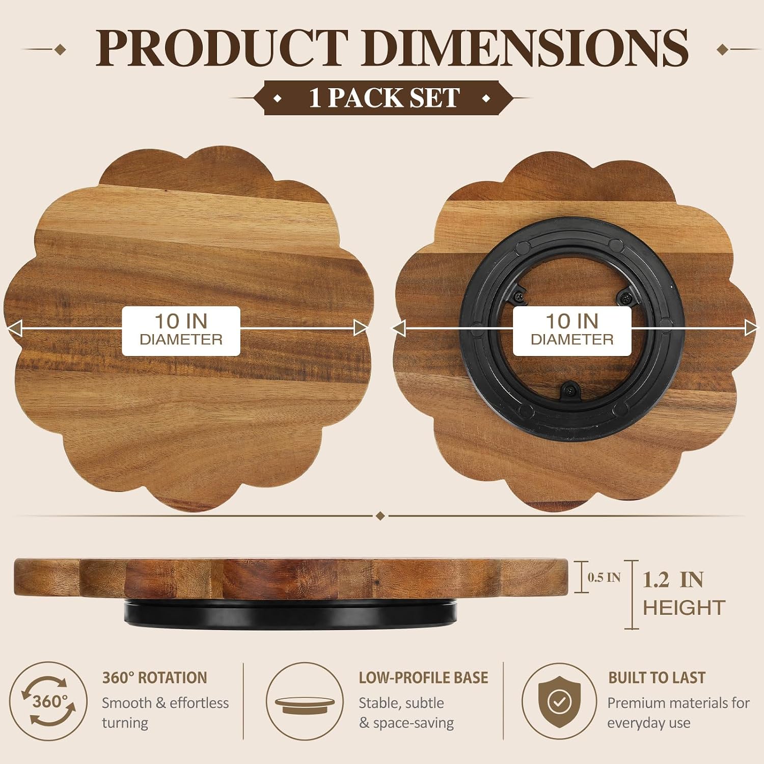 Maxdot 10 Inch Acacia Wood Lazy Susan Turntable Organizer, Classic