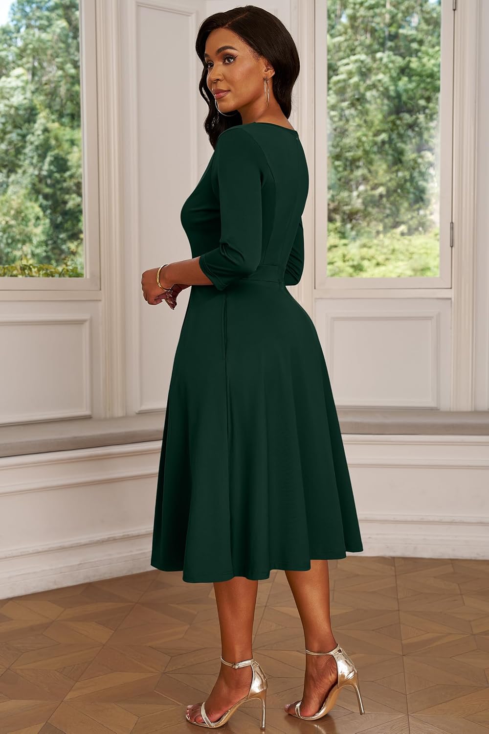 Nmoder Midi Dresses for Women, Semi Formal Fit and Flare 3/4 Sleeve V Neck Work Dress with Pockets - Image 6