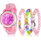 NEWITIN 4 Pieces Girls Watch Bracelets Set Multifunctional 7 Color Lights Digital Sport Alarm Stopwatch 3D Waterproof Unicorn Watch Jewelry Set for Girls 3-10 Years Old Kids