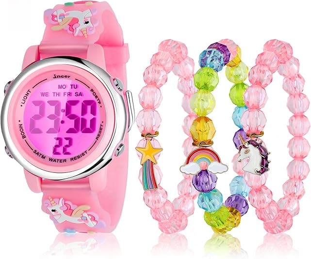 NEWITIN 4 Pieces Girls Watch Bracelets Set Multifunctional 7 Color Lights Digital Sport Alarm Stopwatch 3D Waterproof Unicorn Watch Jewelry Set for Girls 3-10 Years Old Kids