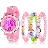 4 Pieces Girls Watch Bracelets Set Multifunctional 7 Color Lights Digital Sport Alarm Stopwatch 3D Waterproof Unicorn Watch Jewelry Set for Girls 3-10 Years Old Kids