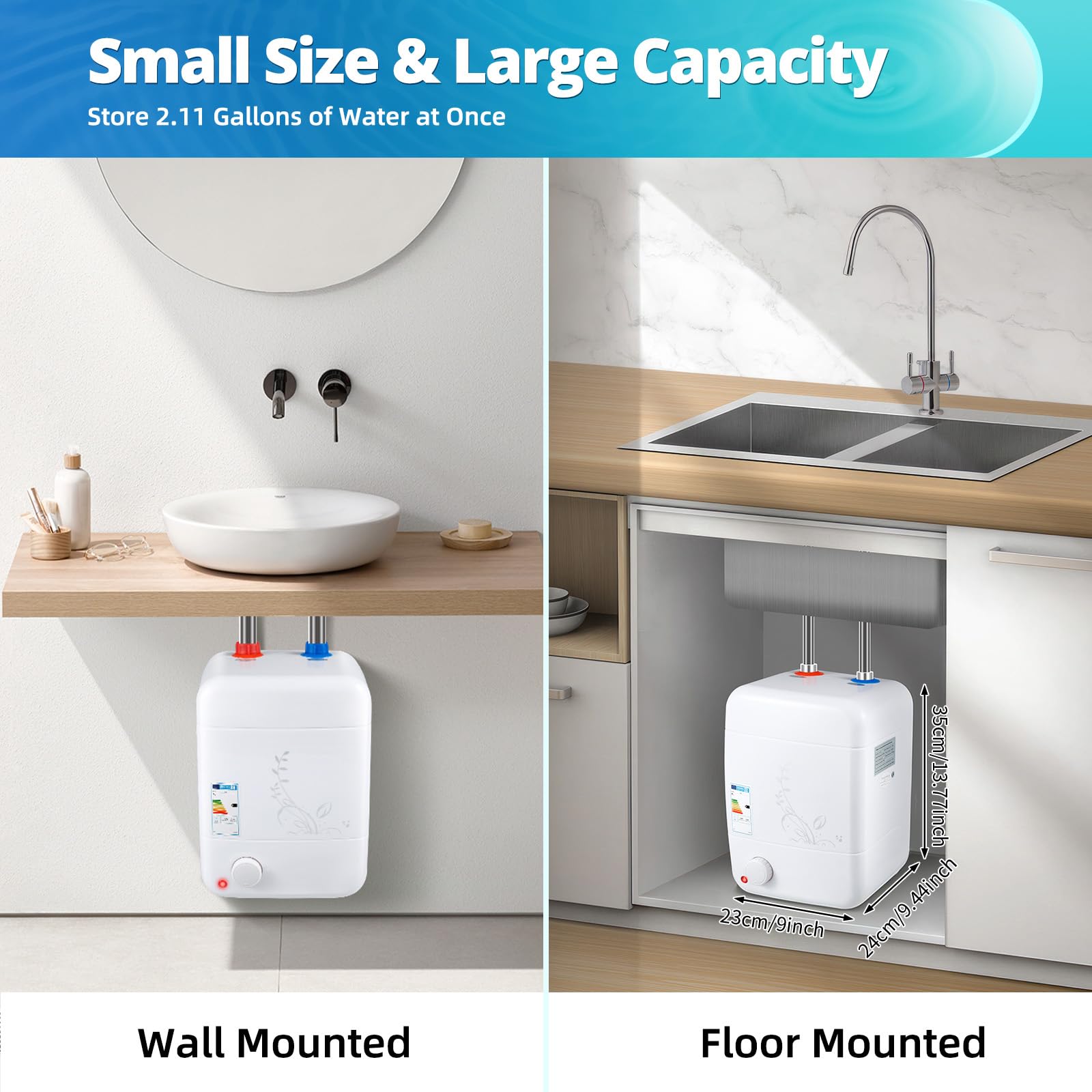 Chauffe-eau électrique sous évier - 1500 W - 8 l - Avec température réglable de 30 à 65 °C - Étanchéité IPX4 - Avec tube chauffant en acier inoxydable 316 L - Pour cuisine, salle de bain, appartement