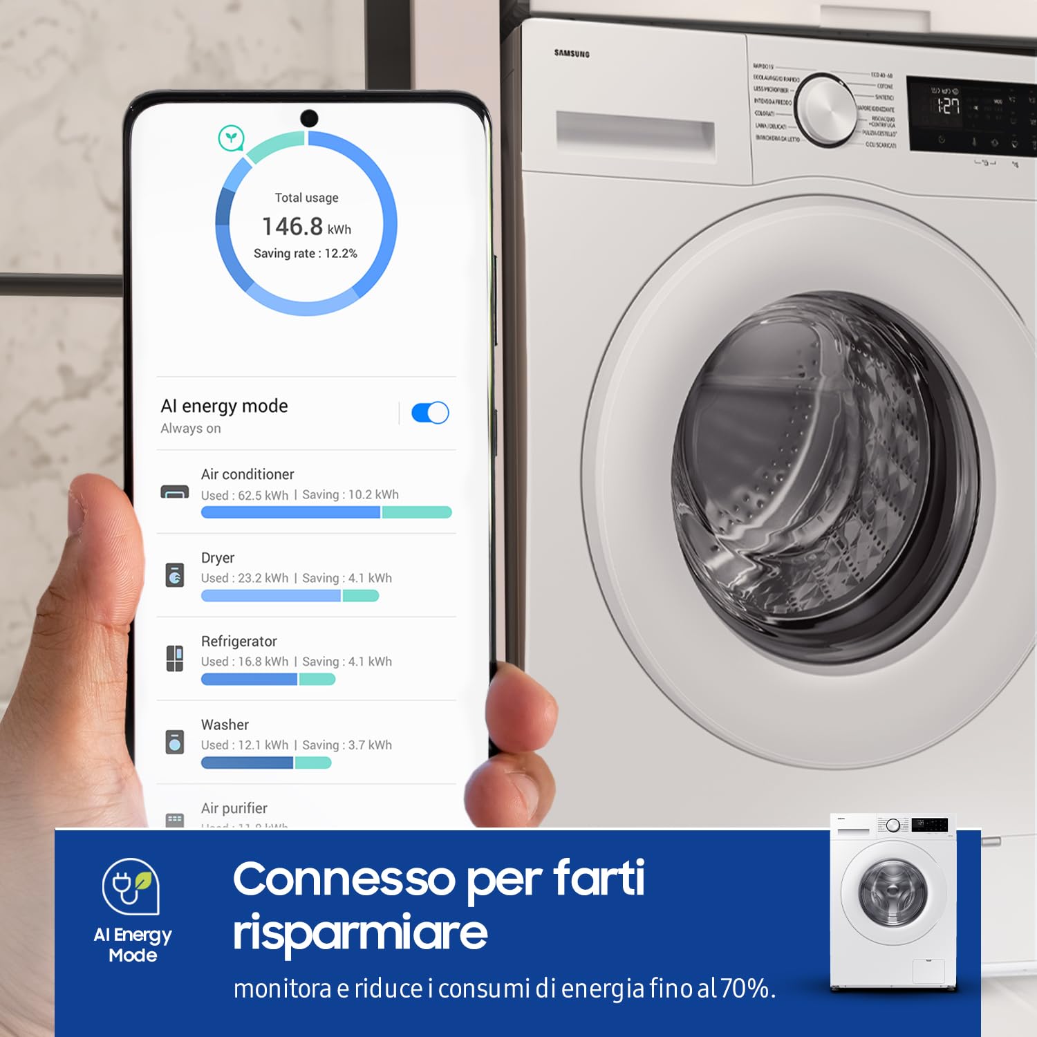 Samsung Lavatrice Crystal Clean Wifi WW11DG5B25TE/ET Libera installazione, 11 Kg, 1400 RPM, Ecobubble, Vapore, Carica Frontale, 60l x 85h x 55p cm