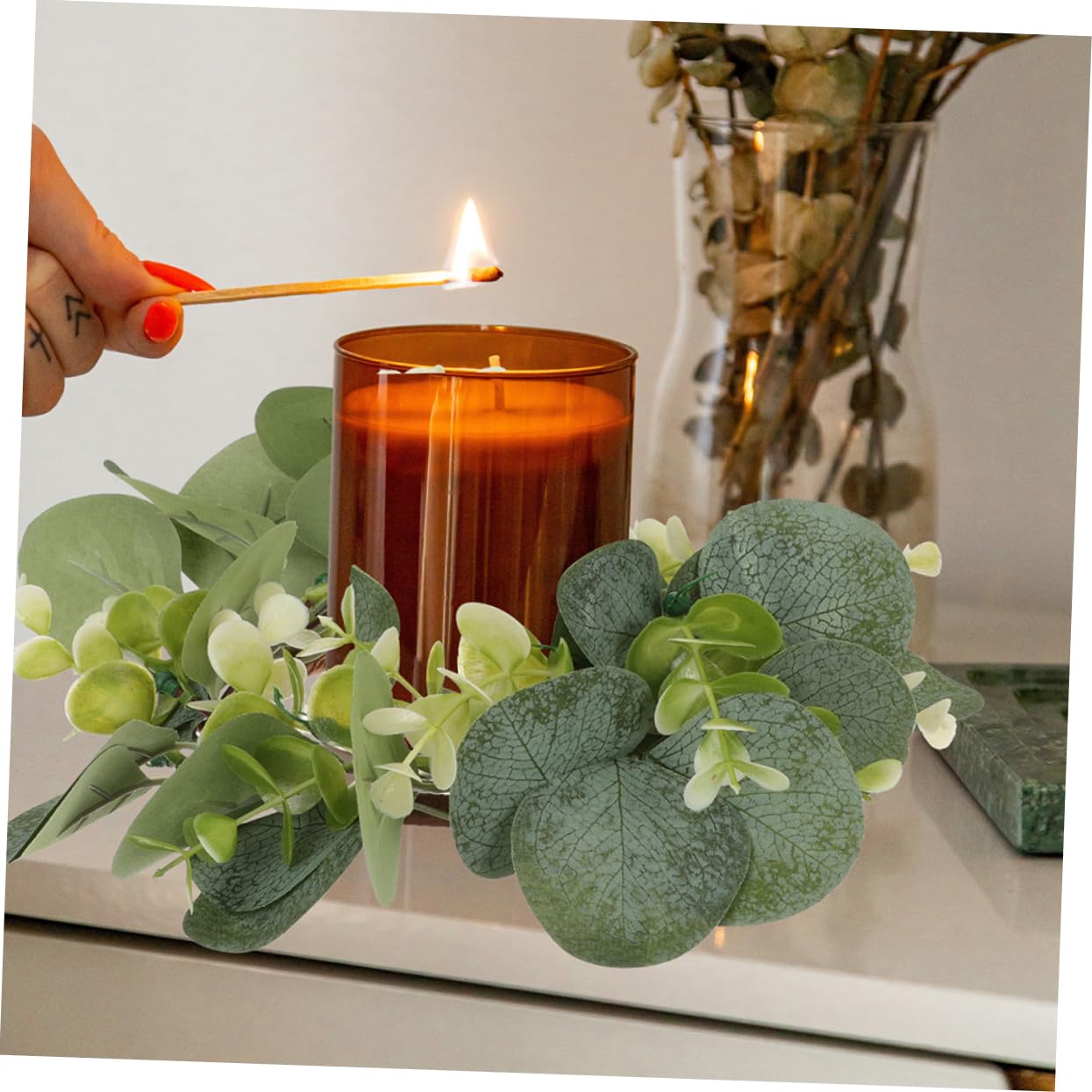 PRETYZOOM 6 Stück Künstliche Eukalyptus Blättergirlanden Kerzenringe aus Kunststoff mit Realistischem Design und Leichtem Gewicht für Indoor und Outdoor Tischdekoration
