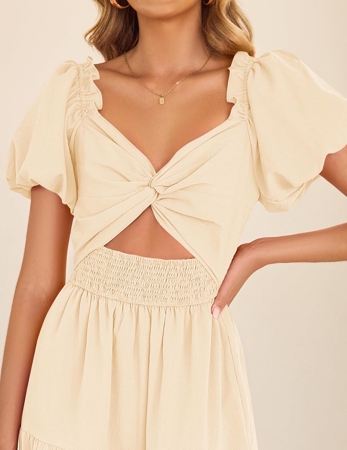 ZESICA Womens Summer Casual Flowy Vacation Maxi Dress 2026 Short Puff Sleeve A Line Smocked Cutout Beach Party Dresses - Image 5