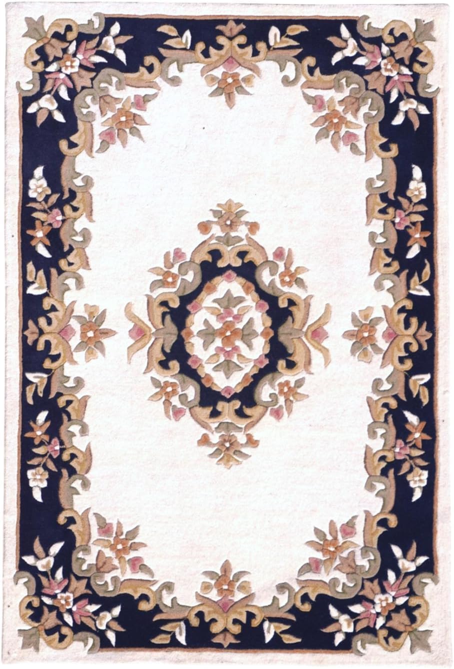 Handmade Royal Aubusson Wool Area Rug – Luxury Traditional Carpet, Space-Dyed Premium Wool, Unique Modern Design for Living Room, Bedroom & Dining Room (Cream Blue, 3' x 5')