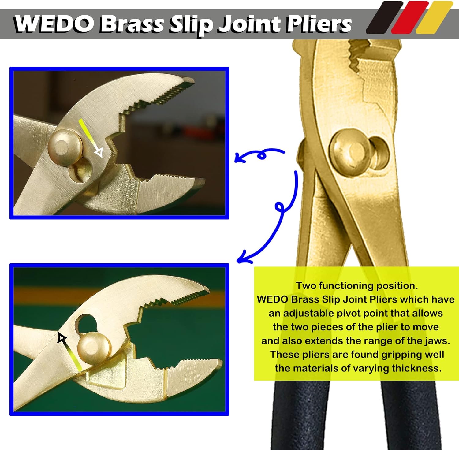 WEDO 4PCS Brass Pliers Set - 6" Slip Joint, 7" Diagonal Cutting, 8" Snipe Nose, 10" Groove Joint Pliers with Non-Slip Handle,For Gripping, Loosening Nuts and Bolts, Cutting Steel Wire,Die-Forged