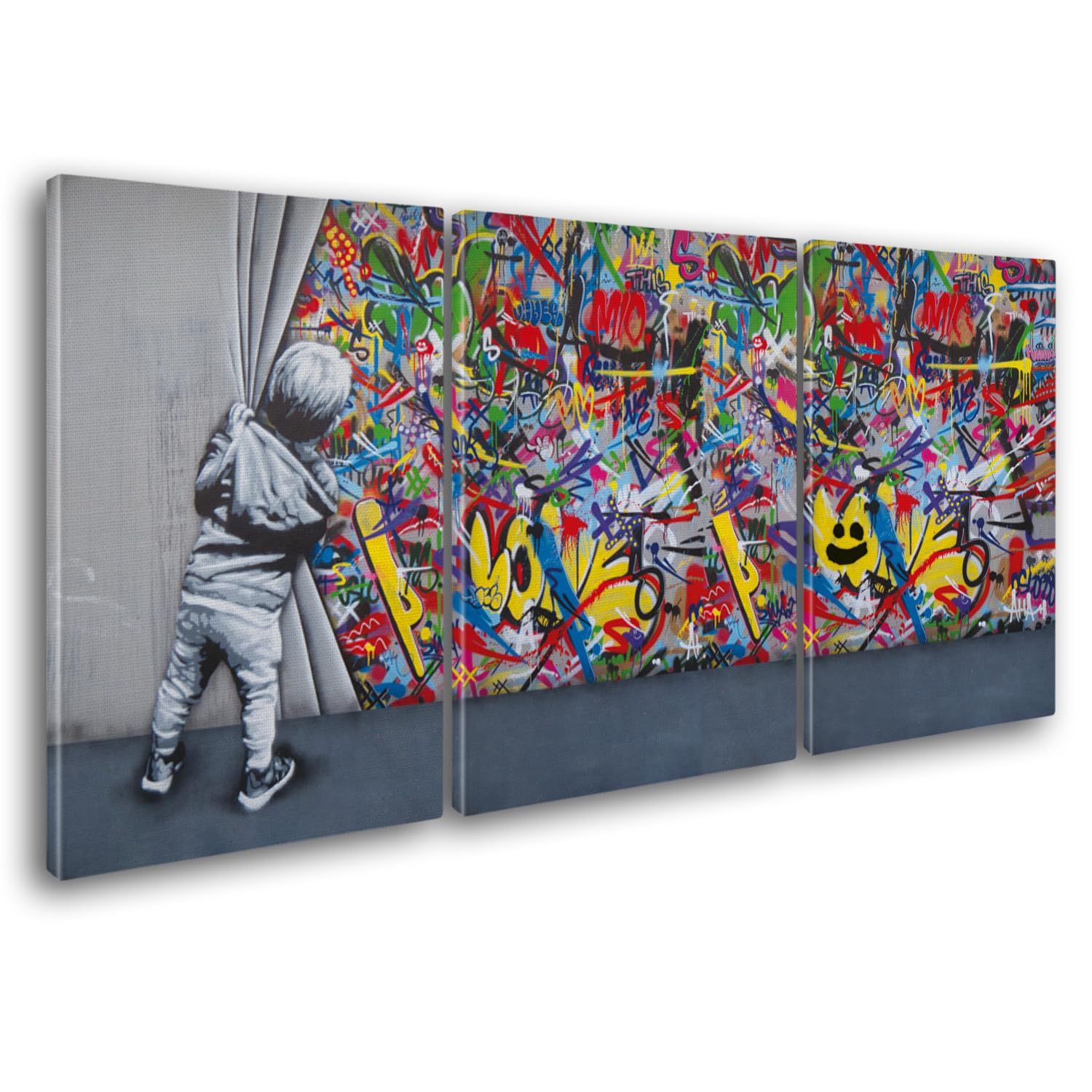 Banksy Street Art Leinwand Gemälde XXL 308x140cm 3pcs 100x140cm Moderne