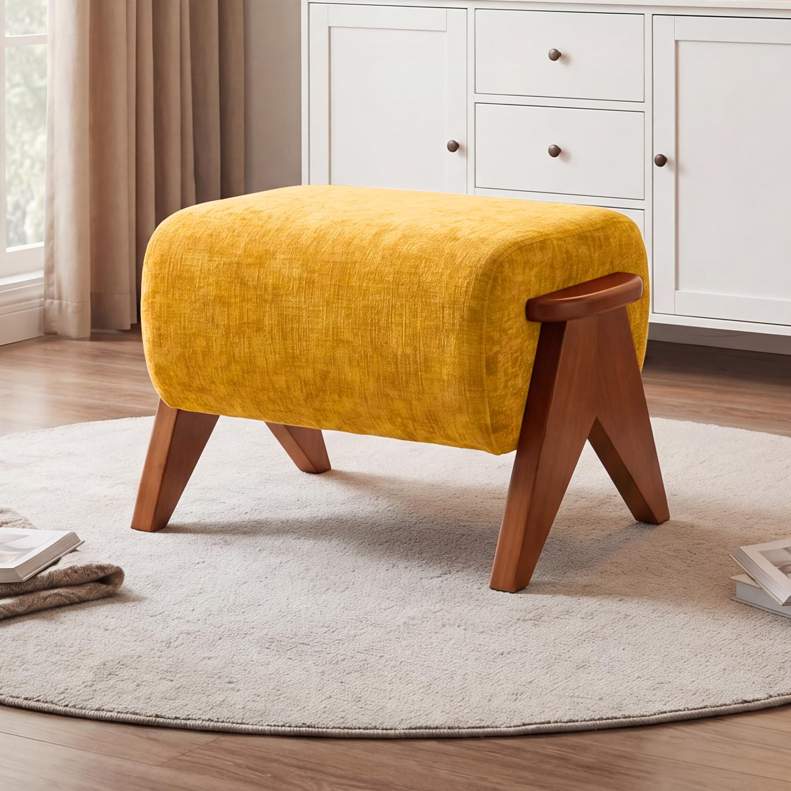 TQHOQ Armchair for Living Room, Comfy Chenille Louge Chair, Upholstered Accent Chair With Wooden Handrails (Yellow, 16.9" Dx 21.7" Wx 16.9" H)