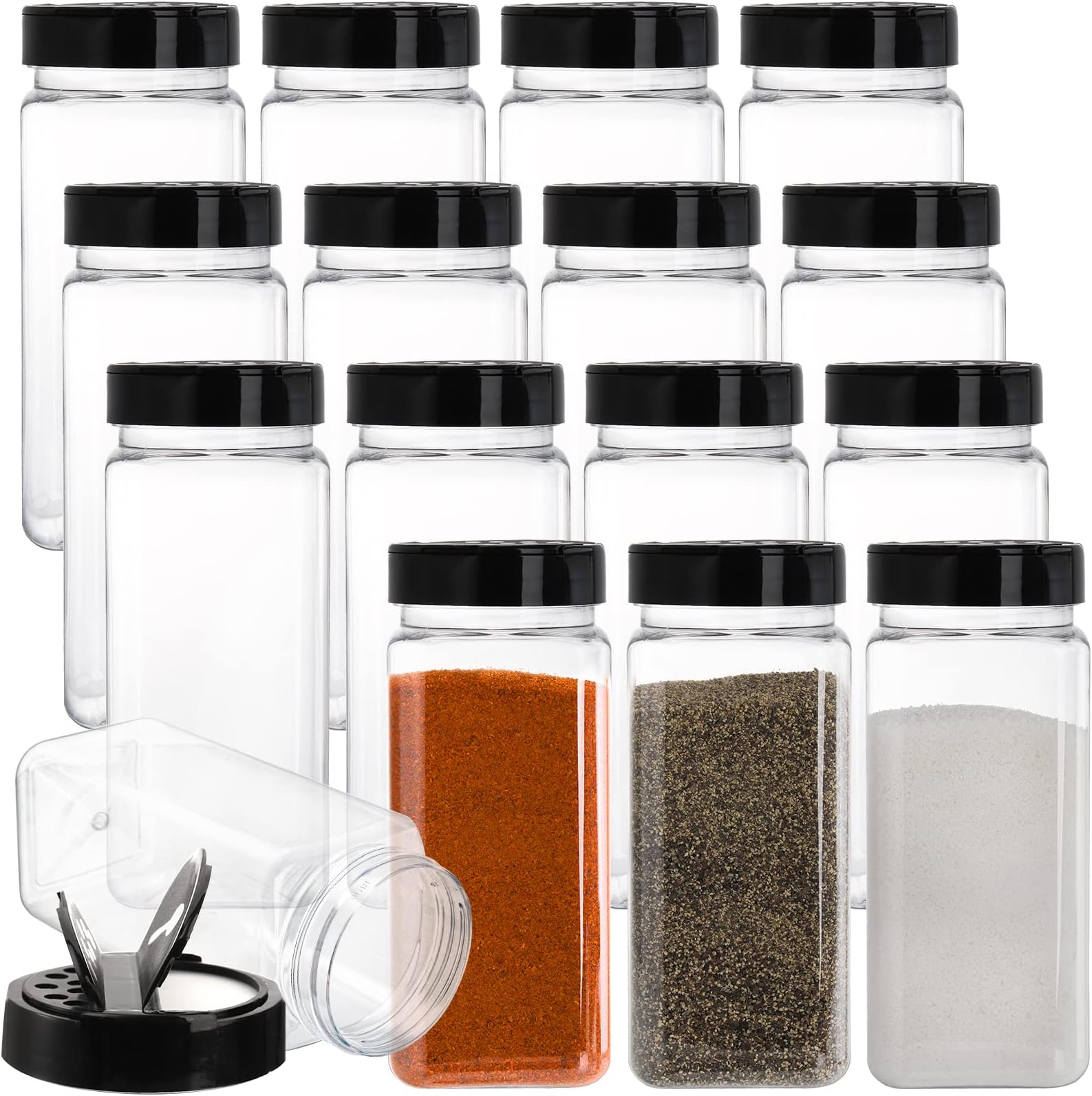 16 Pack 20 Oz Plastic Spice Jars with Shaker/Pourer Lids, Square Large Empty Seasoning Containers Clear Spice Bottles for Dry Food, Condiments, Herbs, Powders