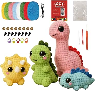 Morcolplus Dinosaur Crochet Kit for Beginners, 4-Pack Amigurumi Dinosaur Crochet Starter Kit with Video Tutorials, DIY Yarn Craft Kit for Adults & Teens, Creative Gift Set