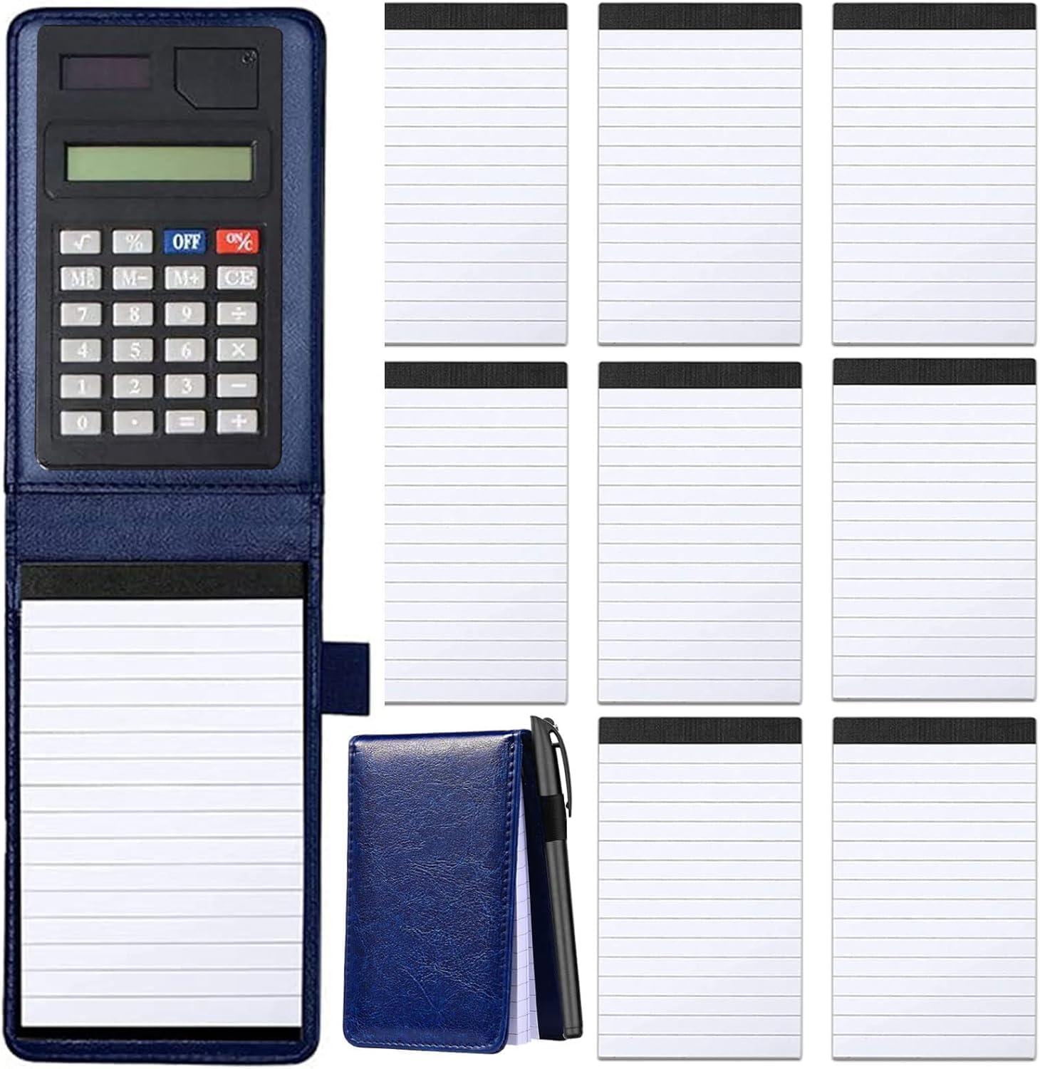 10pcs Mini Blue Pocket Notepad Holder Calculators Set, Small Notebook Holder with Lined Sheets, Metal Pen and 3 x 5 Inch Memo Book Refills, Lined Paper Per Note Pad