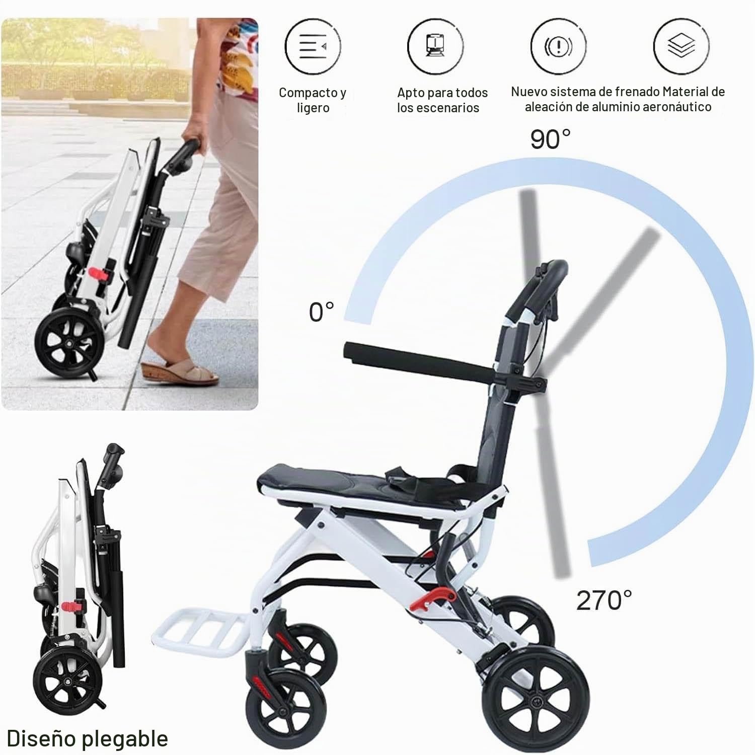 Silla de Ruedas Plegable, Sillas de Ruedas Ligeras para Adultos y niños, Solo 8.2kg, Silla de Ruedas de Viaje portátil con Correa de Seguridad Ajustable, Ruedas de PU,A