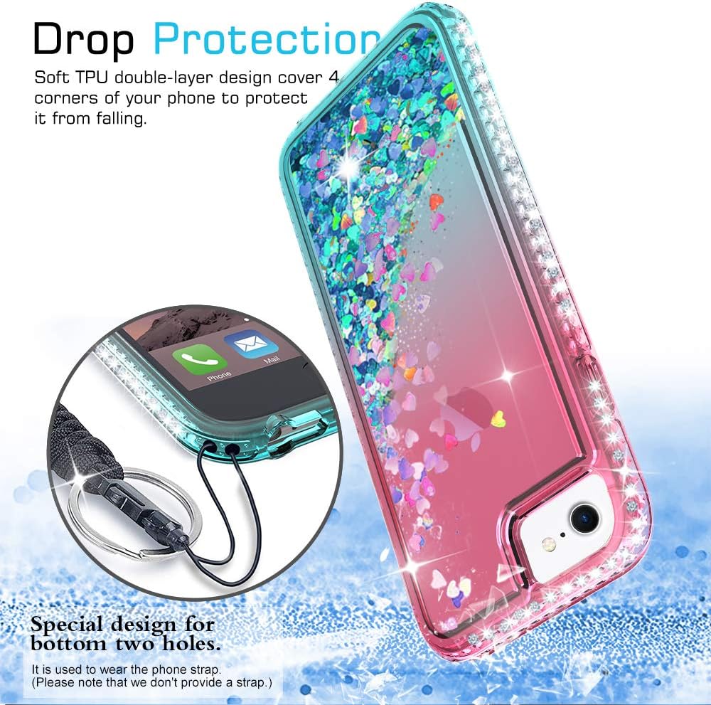 LeYi Compatible for iPhone SE 2022 Case (3rd Gen), iPhone SE 2020 Case, iPhone 8/7 / 6s / 6 Glitter Clear Phone Case with [2 Pack] Tempered Glass Screen Protector for Girls Women Men, Pink/Teal