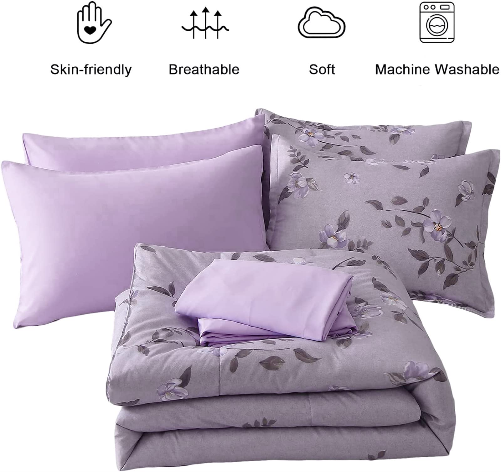 Juego de edredón de 7 piezas de cama en una bolsa, color morado, plantas botánicas, flores, juego de ropa de cama de microfibra suave con 1 edredón, 2 fundas de almohada, 1 sábana encimera, 1 6
