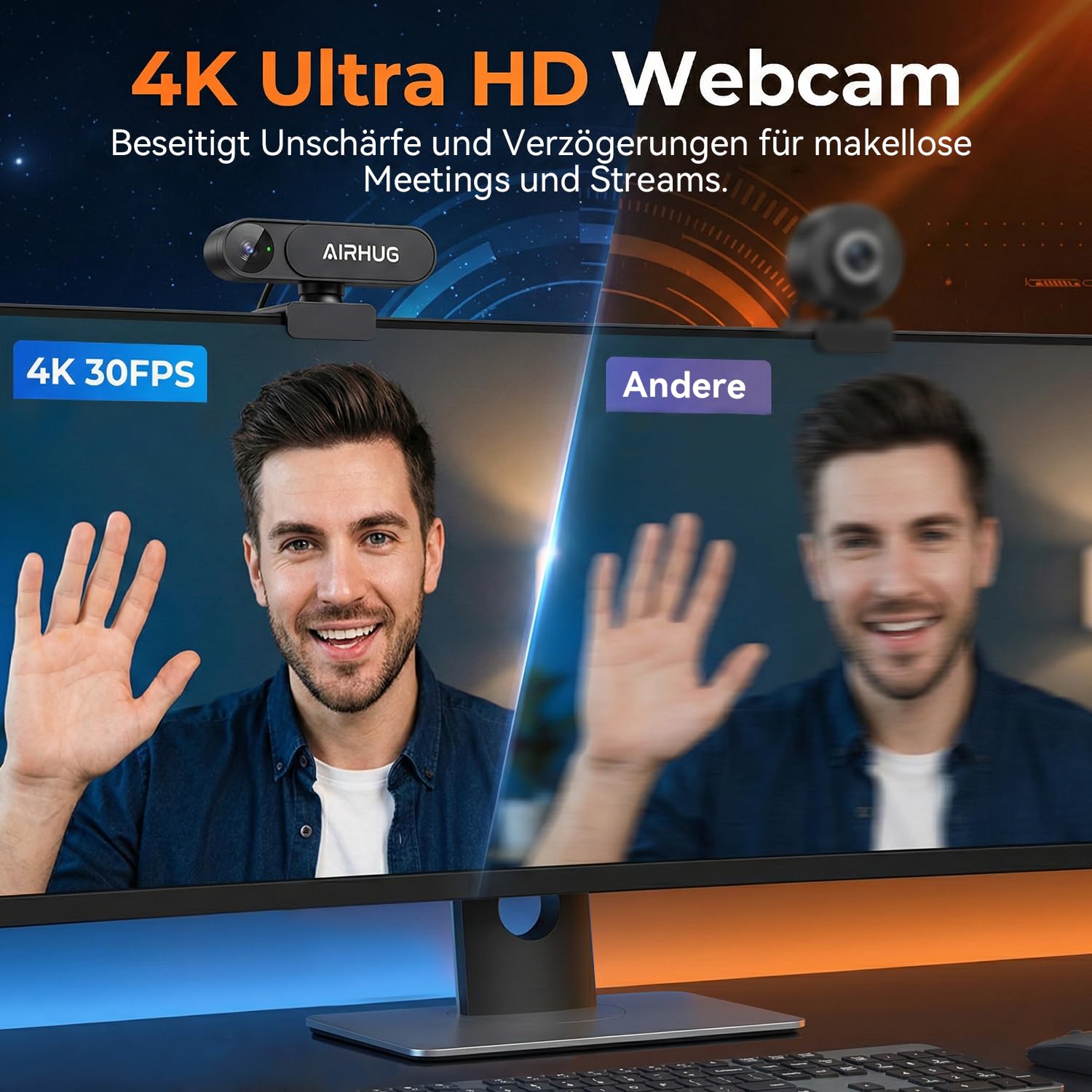 AIRHUG 4K UHD USB-Webcam ohne Mikrofon mit Sichtschutzabdeckung, USB-Kamera | 16MP Sony-Sensor, PDAF-Schnellfokus, 63° Goldlinse, Auto-Lichtkorrektur, Privacy-Abdeckung für Meetings