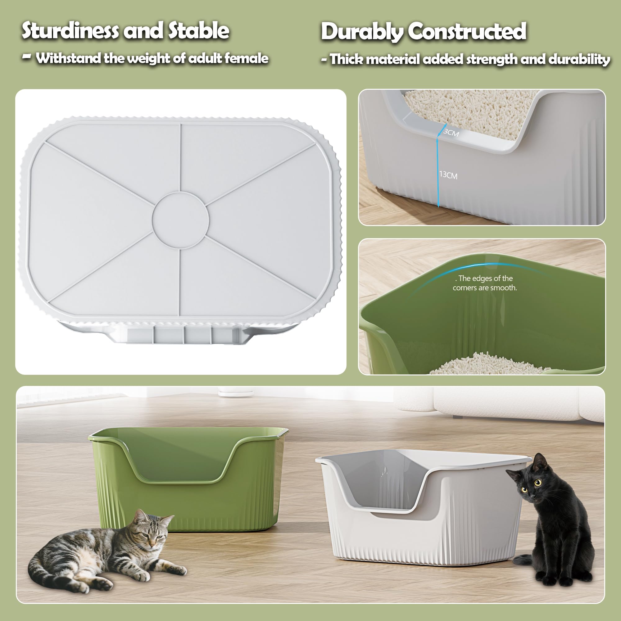 Vealind Bandeja de arena para gatos de cara alta con entrada lateral, 2 cajas de arena para gatos con pala de arena, 100% a prueba de fugas, antisalpicaduras, bandeja de arena profunda para gatitos