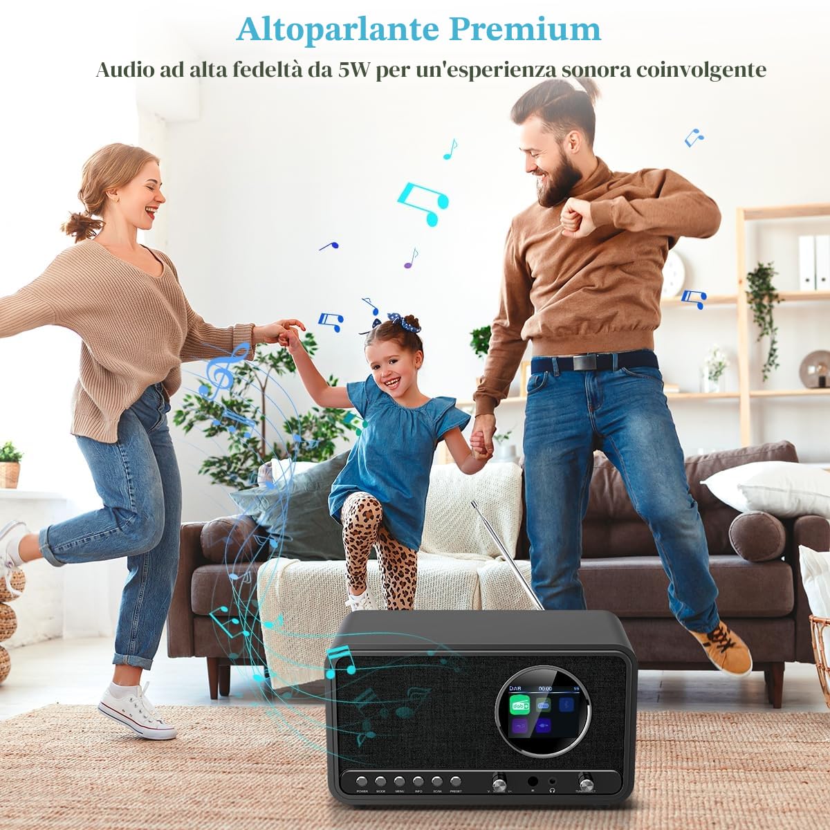 Radio Digitale DAB+/FM Bluetooth con Telecomando e Allarme Doppio, USB/AUX, 30 Stazioni