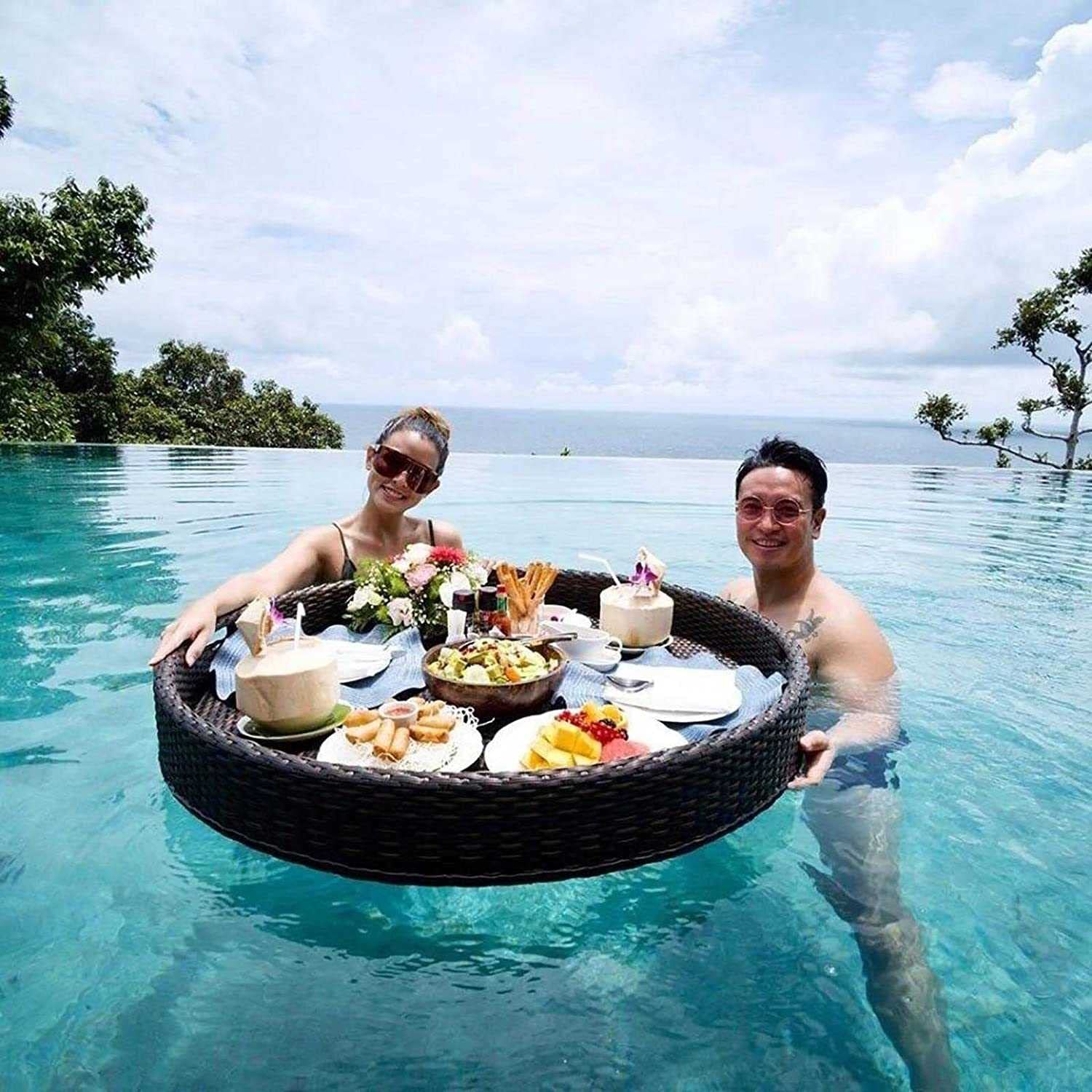 Swimming pool floating bar, Floating Buffet Table Serving Tray with Handles, Floating Serving Tray Table Bar Swimming Pool Floating Tray(Black,80CM)
