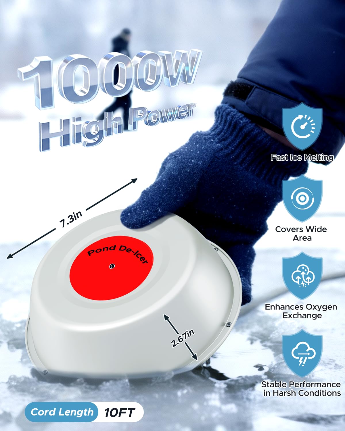 1000W Teichheizung für Außenteiche mit Fischen, Deluxe Thermo-Teich Perfektes Klima Enteiser Aluminiumguss fähiger schwimmender Enteiser Automatischer Thermo-Controller